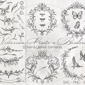 Ensemble de faire-part de mariage victorien SVG 32 PNG, Clipart floral, couronne de cadre dessinée à la main, contour noir, monogramme canva bricolage, graphique botanique