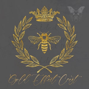 May include: A gold effect crest with a bee, crown, and laurel wreath. The text "Gold Effect Crest" is written below the crest.