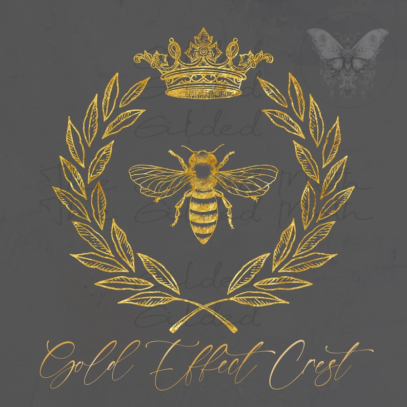 May include: A gold effect crest with a bee, crown, and laurel wreath. The text "Gold Effect Crest" is written below the crest.