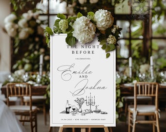 Custom Wedding Template, The Night Before Sign, Rehearsal Dinner, Editable DIY printable, hand drawn Illustrative food & wine minimalist TNB