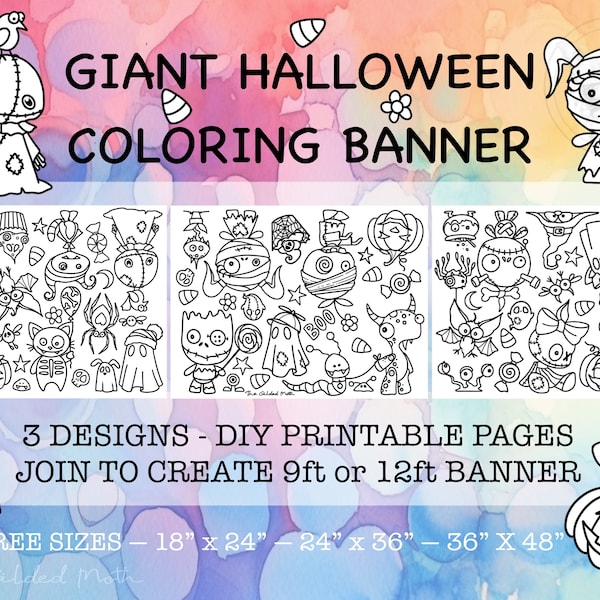 3 Giant Artful Halloween Coloring Page Banner, any size upto 36x48, Unique Spooky art Table Cover, huge Kids Activity Party Poster printable