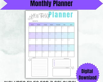 Printable undated monthly calendar, month at a glance, US letter size, instant download, one page, PDF file, digital download, organizer.