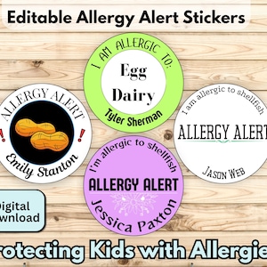 May include: A collection of circular allergy alert stickers with text, including "Egg", "Dairy", and "Shellfish". The stickers are in various colors and feature names like "Tyler Sherman" and "Jason Web". The phrase "Protecting Kids with Allergies!" is also present.