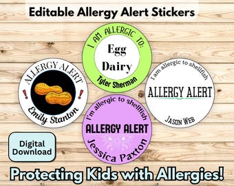 Editable allergy alert label template for kids, allergy information stickers, food sensitivity notice, diy stickers for school lunches.