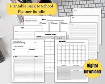 May include: Printable back to school planner bundle with weekly, monthly, and assignment planning pages. The pages are black and white with a grid pattern. The text "Printable Back to School Planner Bundle" is in a yellow box at the top of the image.