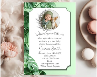 Editable greenery baby shower birthday invitation template, Ivy themed invite for baby boy, personalized digital invite for new mom baby