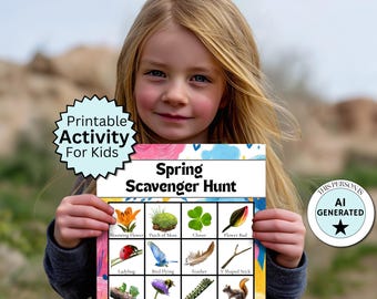 Spring scavenger hunt list for kids, printable camping party game, outdoor activity for kindergarten and preschool ages, nature trail hunt