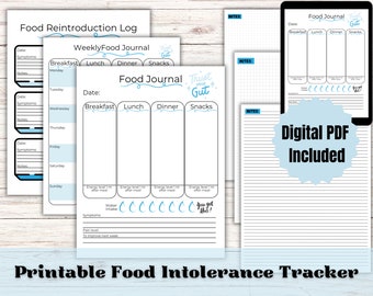 printable food intolerance tracker, digital food allergy journal, food sensitivity and symptoms tracker, food triggers, health tracking.