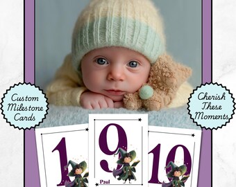 Baby Boy milestone cards personalized, custom name monthly photo prop, Keepsake printable for new moms.