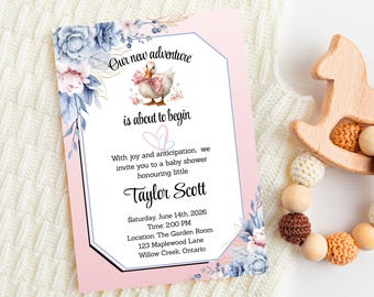 Editable Silly Goose Baby Shower Invitation, coquette bow with elegant floral theme, new baby girl shower invite with digital evite.
