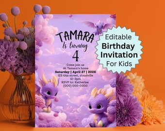 Editable toddler birthday invitation dragon themed party invite for girls printable fantasy bday invite fairytale dragons whimsical fun