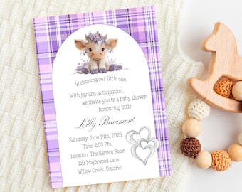Editable Highland Cow Baby Shower birthday Invite Personalized Western Girl Invitation, Printable party supplies for her Welcoming Baby Girl
