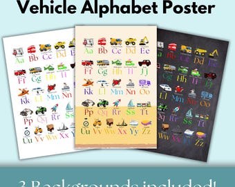 Alphabet Poster and Flash Cards | A-Z vehicle Transportation Chart for Kids | Educational Wall Art for Toddlers and Preschool Learning, ABC