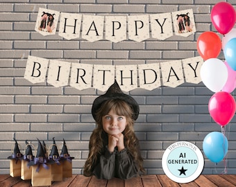 Toddler Happy Birthday Banner for Girls Witch Theme Party Decor Printable Banner Editable Canva Template Banner Magic Celebration Bunting