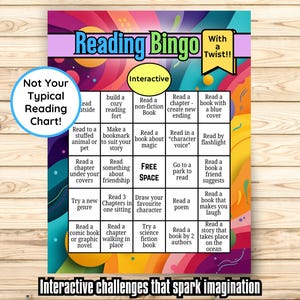 Könnte beinhalten: Ein farbenfrohes Lese-Bingo-Diagramm mit interaktiven Herausforderungen. Das Diagramm enthält Quadrate mit Leseaufforderungen wie "Lies ein Buch mit blauem Umschlag" und "Lies eine Geschichte, die auf dem Ozean spielt".