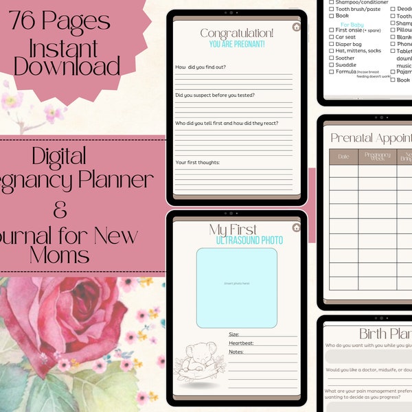 Digital Pregnancy Planner and journal for expecting new moms, Pregnancy diary for journalers, pregnancy weeks update, gender reveal plan.