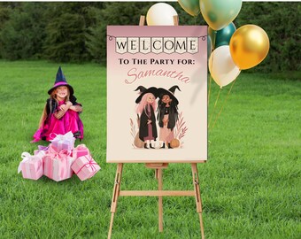 Editable Birthday Welcome Sign Template Kids Party Welcome Poster Canva Birthday Sign Printable Girls Party Decoration witch themed bday