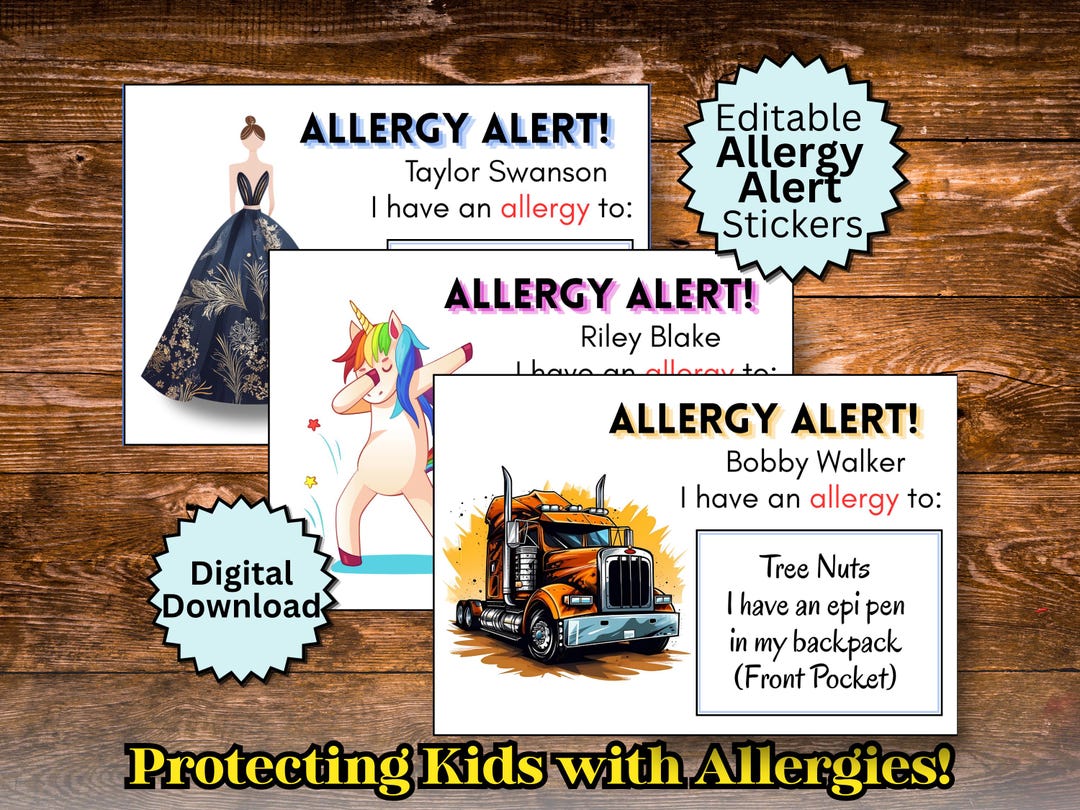 Allergy Alert Sticker Template for Kids Editable Food Allergy Card ...