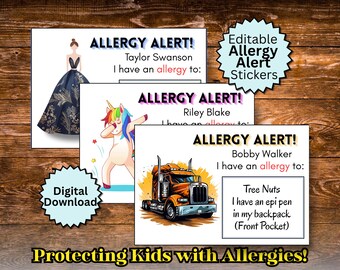 Allergy Alert Sticker Template for kids Editable Food Allergy Card, Restaurant & Travel Allergy Card, Personalized I Am Allergic to stickers