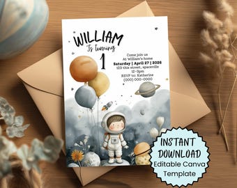 Space themed first birthday invitation printable invite for baby boy 1st bday Printable and digital kids party card editable canva template