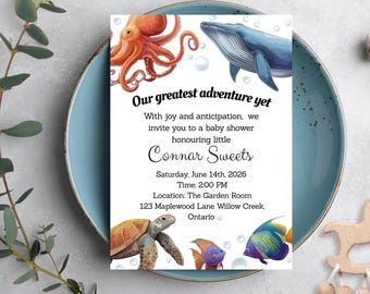 Editable Sea animal baby shower birthday  invitation personalized invite for new baby boy party, includes digital invite in canva template