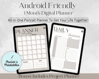 Digital Month Planner – Undated simple Hyperlinked Productivity Planner, Portrait Style, All-in-One PDF for Goal Tracking & Organization