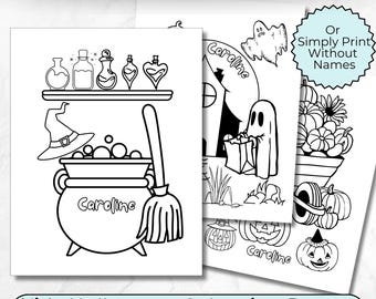 Editable Halloween coloring pages with child's name Canva template, printable kids activity, personalized party favor PDF, quiet time fun.