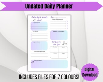 Undated Daily Planner Printable colorful productivity and life organizer time management, goal setting, task planning, instant download.