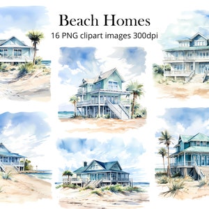 Watercolor Beach House Clipart, Ocean, PNG files, Scrapbook Kit, Paper Crafts, Watercolor Illustrations, Commercial Use