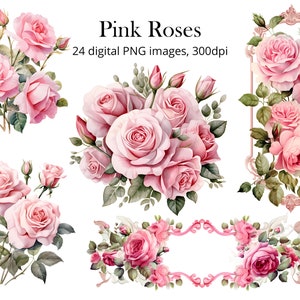 Rosa Rose Aquarell Clipart: Floral PNG Bündel (kommerzielle Nutzung)