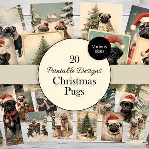 Pug Christmas Cards: Vintage Ephemera, Junk Journal (Digital Download)