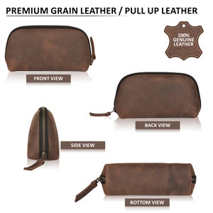 Puede incluir: Una bolsa de cuero marr&oacute;n con cremallera y acabado de cuero pull-up. La bolsa se muestra desde el frente, el lateral, la parte posterior y la inferior. La bolsa est&aacute; hecha de cuero genuino 100%.