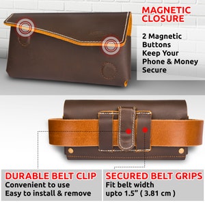 K&ouml;nnte beinhalten: Braunes Leder-Handy-Etui mit G&uuml;rtelclip und magnetischem Verschluss. Das Etui hat eine braune Leder-G&uuml;rtelschlaufe, die f&uuml;r G&uuml;rtel bis zu 3,81 cm Breite geeignet ist. Das Etui hat zwei Magnetkn&ouml;pfe, um Ihr Handy sicher zu halten.