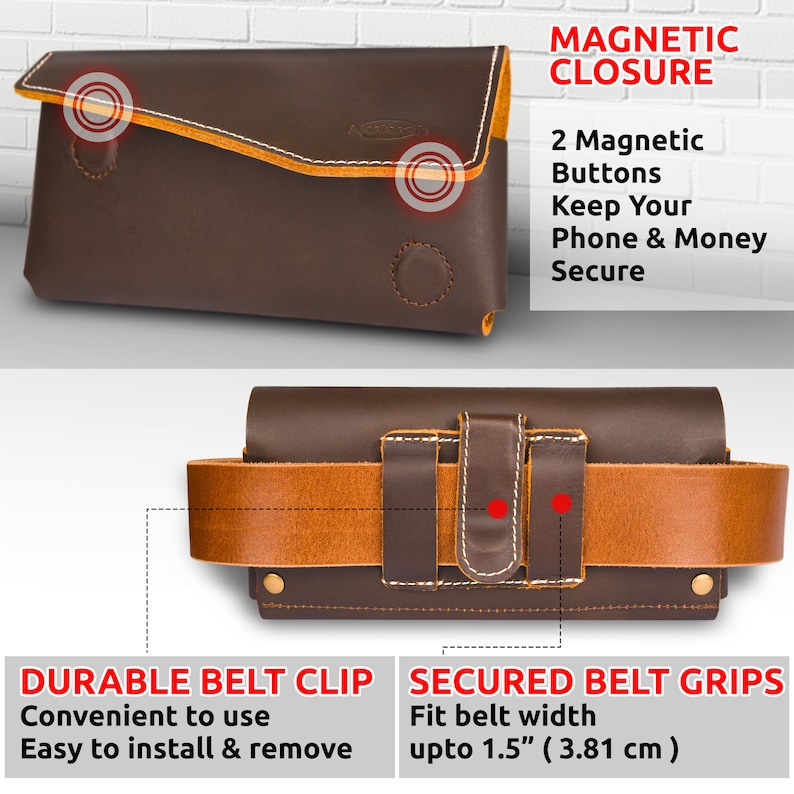 K&ouml;nnte beinhalten: Braunes Leder-Handy-Etui mit G&uuml;rtelclip und magnetischem Verschluss. Das Etui hat eine braune Leder-G&uuml;rtelschlaufe, die f&uuml;r G&uuml;rtel bis zu 3,81 cm Breite geeignet ist. Das Etui hat zwei Magnetkn&ouml;pfe, um Ihr Handy sicher zu halten.