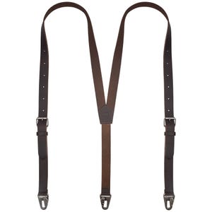 Peut inclure: Bretelles en cuir marron avec des clips métalliques argentés et un design en Y.