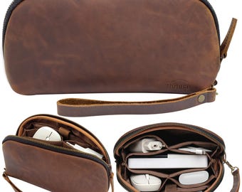 NUTUCH - Estuche de cuero para tecnología, para cables, cargadores, teléfono, bolsa para tecnología, bolsa de viaje con cremallera para accesorios, estuche organizador electrónico, bolsa de viaje para cables