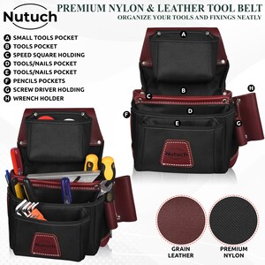 May include: Black nylon and burgundy leather tool belt with multiple pockets for tools and fixings. Features include small tools pocket, tools pocket, speed square holding, tools/nails pocket, pencils pockets, screwdriver holding, and wrench holder. The brand name "Nutuch" is visible.