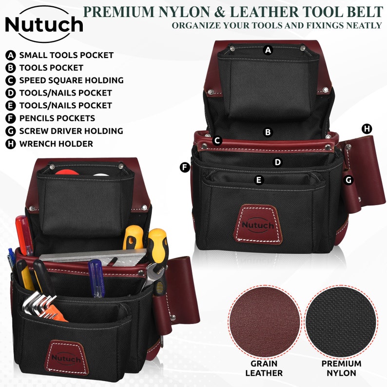 May include: Black nylon and burgundy leather tool belt with multiple pockets for tools and fixings. Features include small tools pocket, tools pocket, speed square holding, tools/nails pocket, pencils pockets, screwdriver holding, and wrench holder. The brand name "Nutuch" is visible.