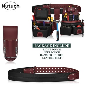 May include: A leather tool belt set with multiple pouches, a hammer holder, and a leather belt. The set includes a right pouch, a left pouch, a hammer holder, and a leather belt. The brand name "Nutuch" is visible in the image.
