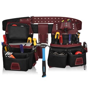May include: A tool belt in black and burgundy, with numerous pockets and pouches. It's filled with tools like a hammer, screwdrivers, and wrenches. The belt has a leather and fabric construction. The brand name "Nutuch" is displayed on the pockets. Various tools are visible.