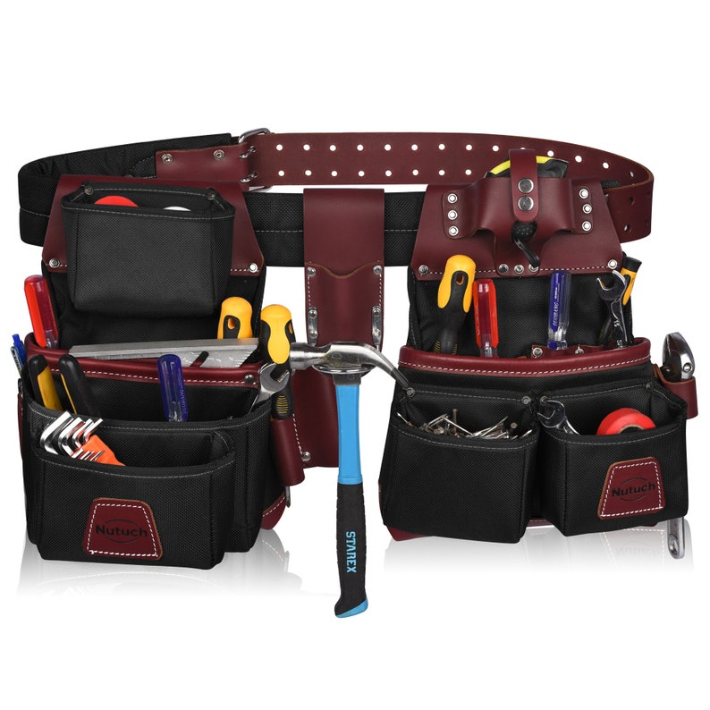 May include: A tool belt in black and burgundy, with numerous pockets and pouches. It's filled with tools like a hammer, screwdrivers, and wrenches. The belt has a leather and fabric construction. The brand name "Nutuch" is displayed on the pockets. Various tools are visible.