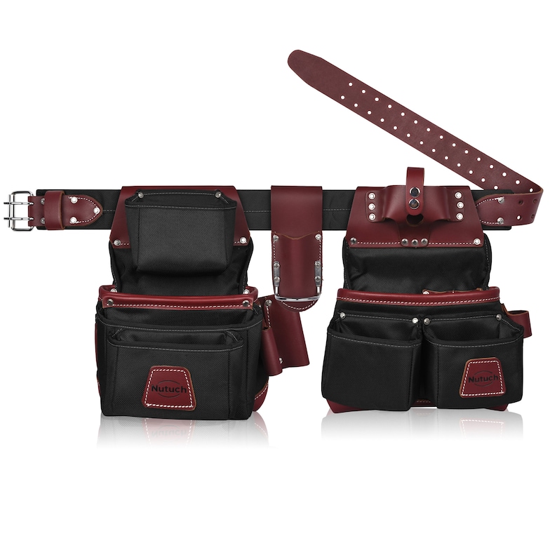 May include: A black and burgundy leather tool belt with multiple pouches and pockets. The belt has a silver buckle and a burgundy leather strap. The brand name "Nutuch" is visible on a patch on the front of the tool belt.