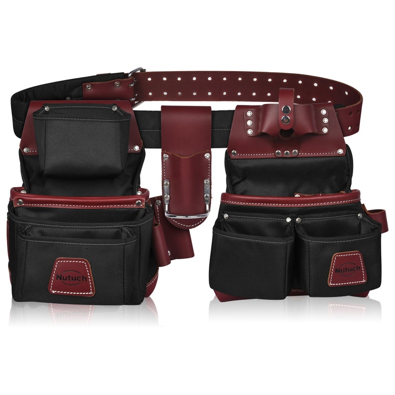 May include: A black and burgundy leather tool belt with multiple pockets and pouches. The belt features a sturdy design with reinforced stitching and metal rivets. The brand name "Nutuch" is visible on a label. The belt is designed for professional use.