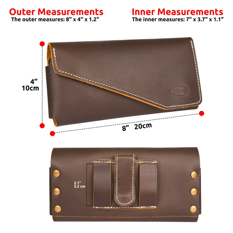 K&ouml;nnte beinhalten: Braunes Leder-Handy-Etui mit Klappverschluss und G&uuml;rtelclip. Das Etui hat ein gen&auml;htes Design und misst 20 cm x 10 cm x 3 cm. Die Innenma&szlig;e betragen 18 cm x 9,5 cm x 2,8 cm.