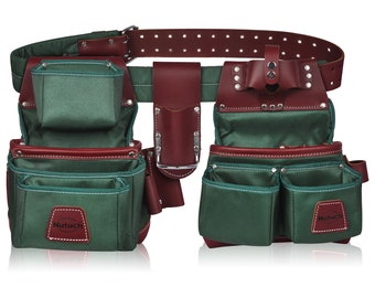 Cinturón portaherramientas NUTUCH verde de nailon y cuero de alta resistencia / Bolsa portaherramientas de nailon / Cinturón portaherramientas para carpinteros / Cinturones portaherramientas para electricistas / NT-1110-R