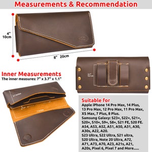 K&ouml;nnte beinhalten: Eine braune Leder-Handyh&uuml;lle mit Klappenverschluss. Die H&uuml;lle misst 20 cm x 10 cm und hat ein Innenfach von 18 cm x 9,4 cm. Die H&uuml;lle ist f&uuml;r verschiedene Apple iPhone- und Samsung Galaxy-Modelle geeignet, darunter iPhone 14 Pro Max, 14 Plus, 13 Pro Max, 12 Pro Max, 11 Pro Max, XS Max, 7 Plus, 8 Plus, Samsung Galaxy S23+, S22+, S21+, S20+, S10+, S9+, S8+, S21 FE, S20 FE, A54, A53, A52, A51, A50, A31, A30, A30s, A22, A20, S23 Ultra, S22 Ultra, S21 ultra, S20 Ultra, Note 20 Ultra, A72, A71, A73, A70, A23, A21s, A21, A20s, Pixel 6, Pixel 7 und mehr.