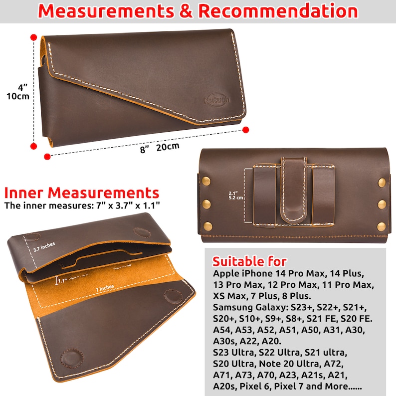 K&ouml;nnte beinhalten: Eine braune Leder-Handyh&uuml;lle mit Klappenverschluss. Die H&uuml;lle misst 20 cm x 10 cm und hat ein Innenfach von 18 cm x 9,4 cm. Die H&uuml;lle ist f&uuml;r verschiedene Apple iPhone- und Samsung Galaxy-Modelle geeignet, darunter iPhone 14 Pro Max, 14 Plus, 13 Pro Max, 12 Pro Max, 11 Pro Max, XS Max, 7 Plus, 8 Plus, Samsung Galaxy S23+, S22+, S21+, S20+, S10+, S9+, S8+, S21 FE, S20 FE, A54, A53, A52, A51, A50, A31, A30, A30s, A22, A20, S23 Ultra, S22 Ultra, S21 ultra, S20 Ultra, Note 20 Ultra, A72, A71, A73, A70, A23, A21s, A21, A20s, Pixel 6, Pixel 7 und mehr.