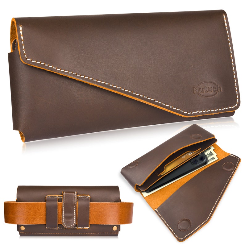 K&ouml;nnte beinhalten: Braunes Leder-Handy-Etui mit Klappverschluss und G&uuml;rtelclip. Das Etui hat ein gen&auml;htes Design und der Markenname "Nutuoh" ist auf der Vorderseite gepr&auml;gt.