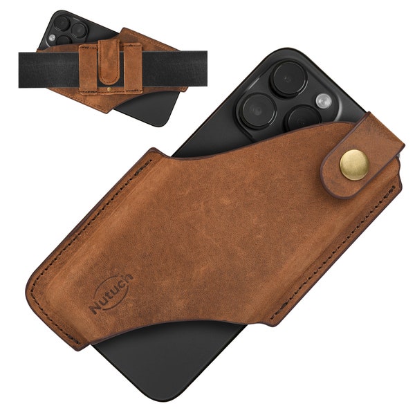 NUTUCH Étui de téléphone en cuir véritable avec clip ceinture | Pochette pour téléphone portable pour iPhone et smartphone | Étuis pour téléphones portables | Étui de téléphone en cuir