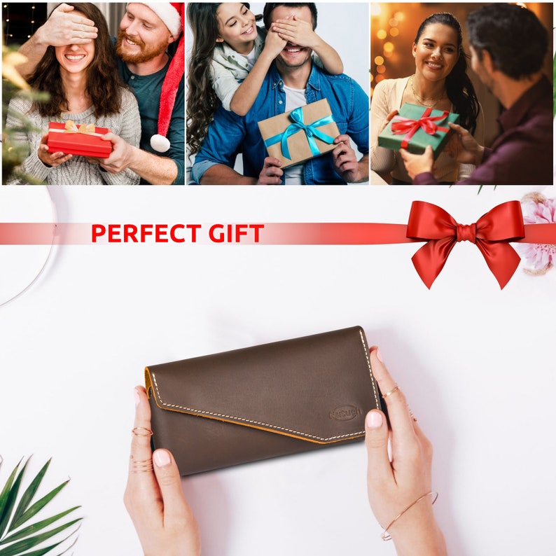 K&ouml;nnte beinhalten: Eine braune Ledergeldb&ouml;rse mit gelben N&auml;hten und einem kleinen Logo. Die Geldb&ouml;rse wird von einer Person in den H&auml;nden gehalten. Der Text "PERFECT GIFT" wird &uuml;ber der Geldb&ouml;rse angezeigt.